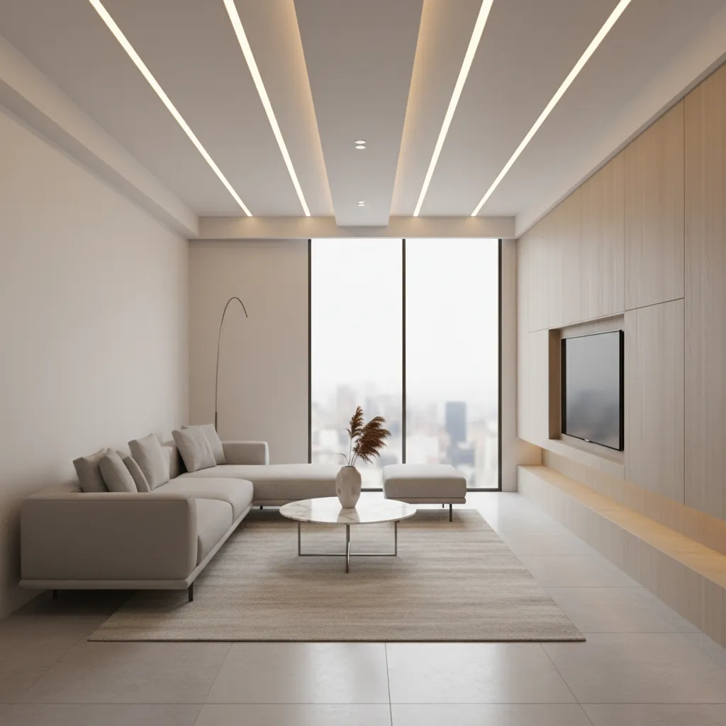 modern linear pop ceiling design with LED strips in compact hall