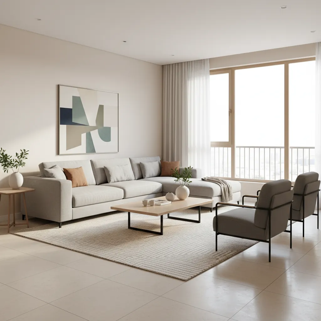 well organized living hall layout with sofa rug and balanced furniture placement