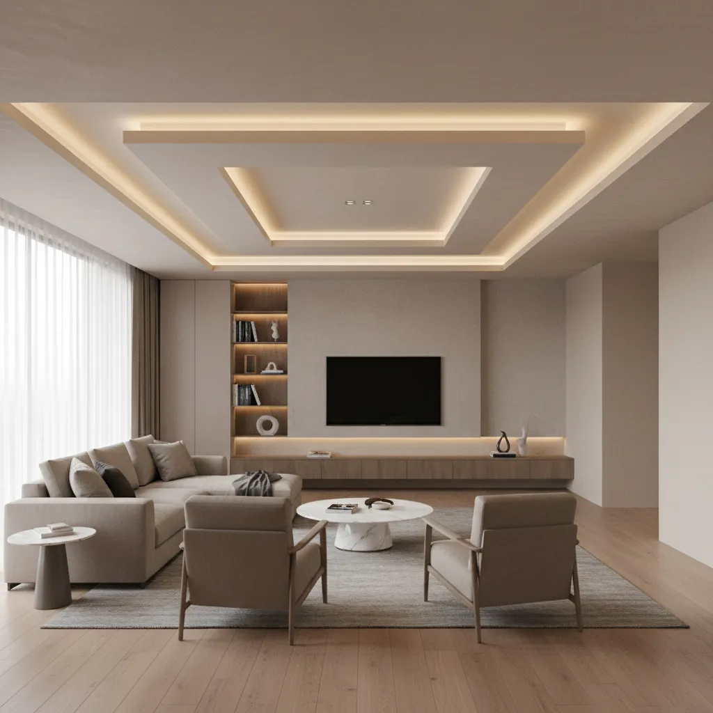 living room with tray fall ceiling and indirect lighting