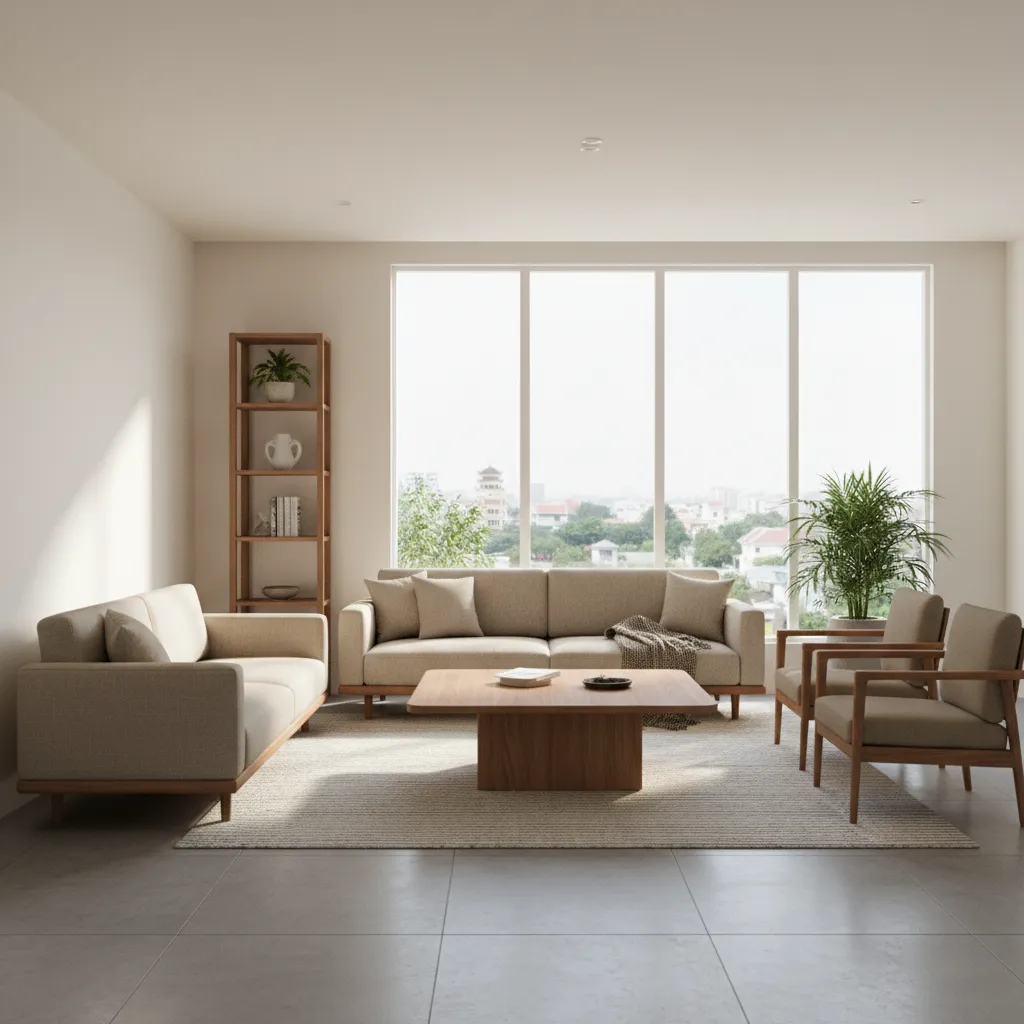 Không gian phòng khách nhà phố được render 3D