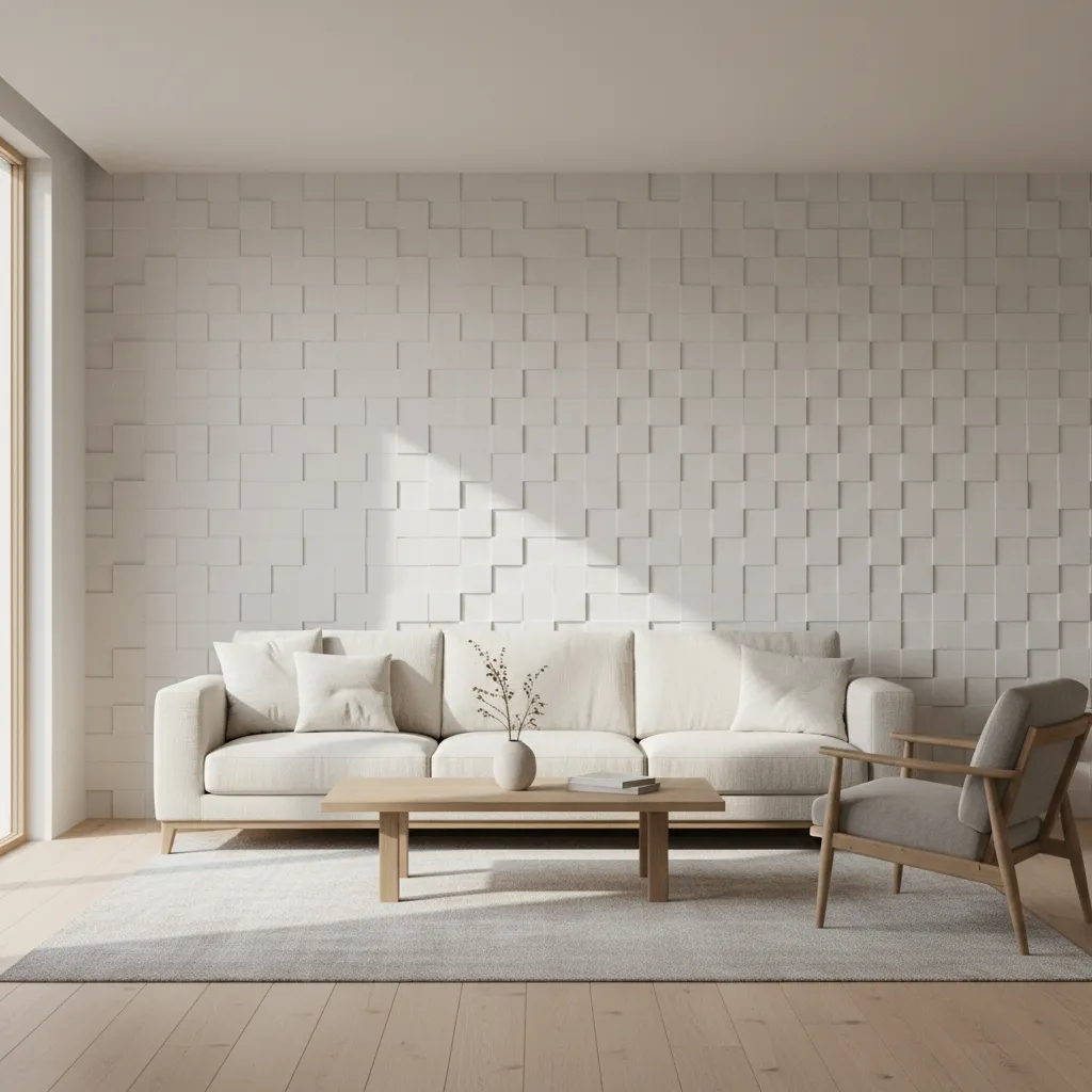 Modern living room featuring a subtle 3D textured accent wall