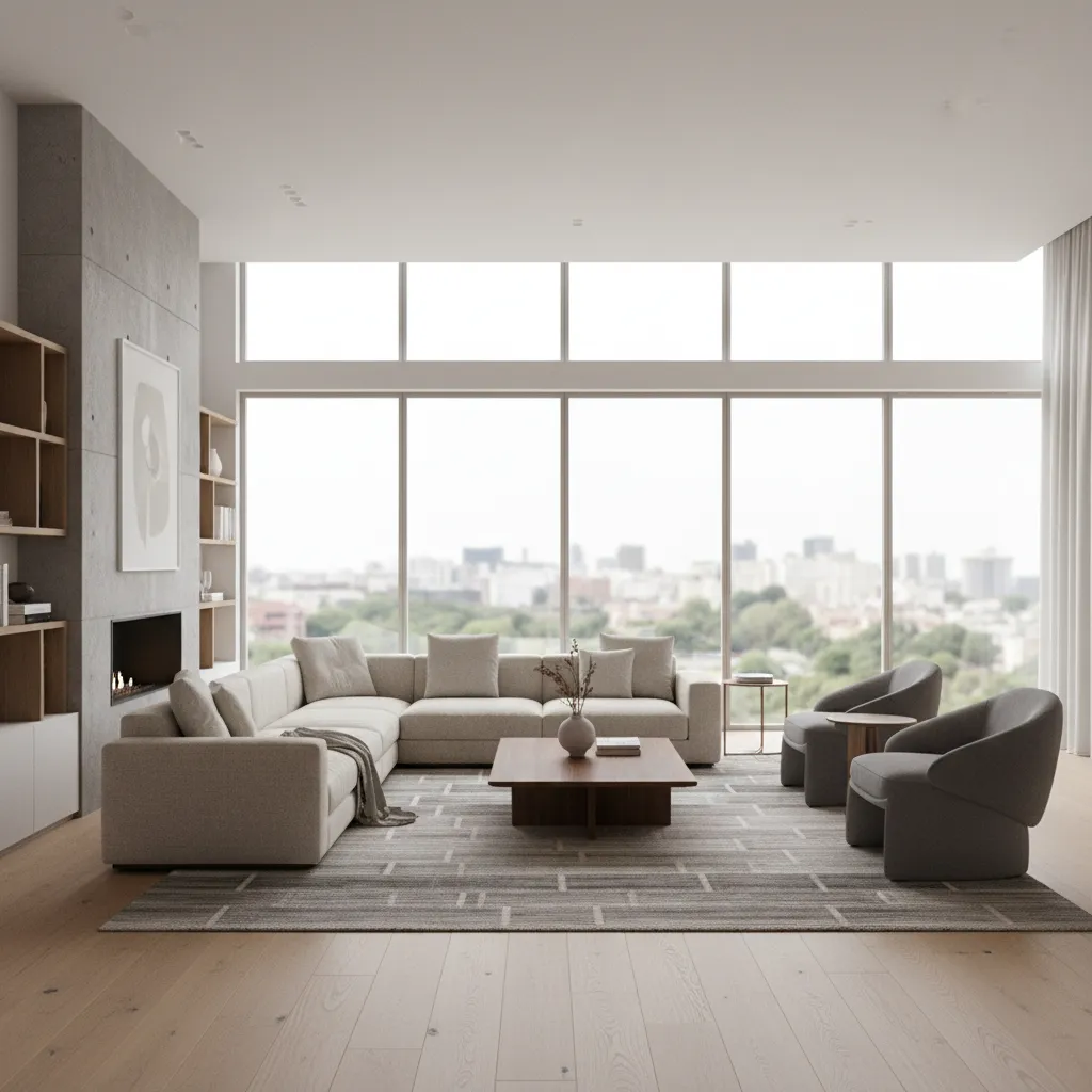 Photorealistic 3D living room interior visualization used in interior design planning