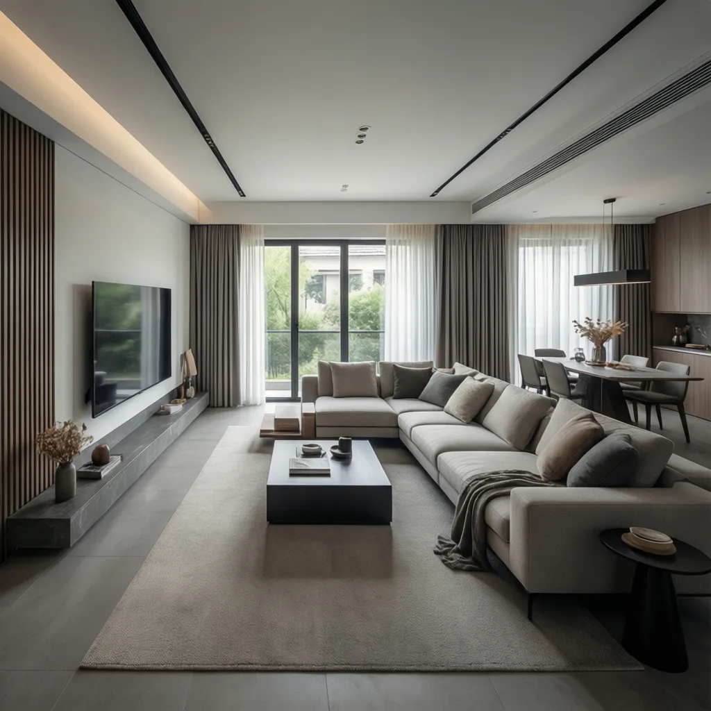 Phòng khách hiện đại cho nhà mặt tiền 6m