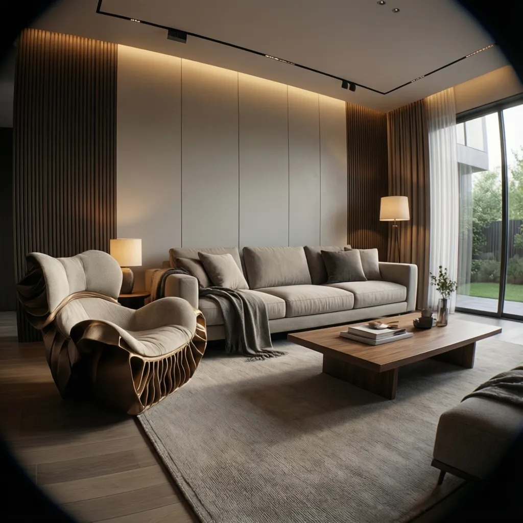 Modern living room with sculptural accent chair next to neutral sofa