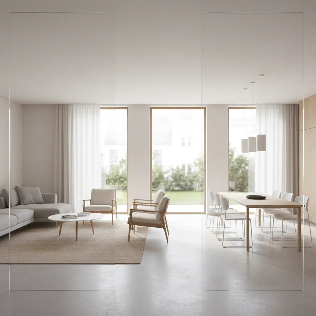 Modern living room with transparent acrylic divider separating seating and dining