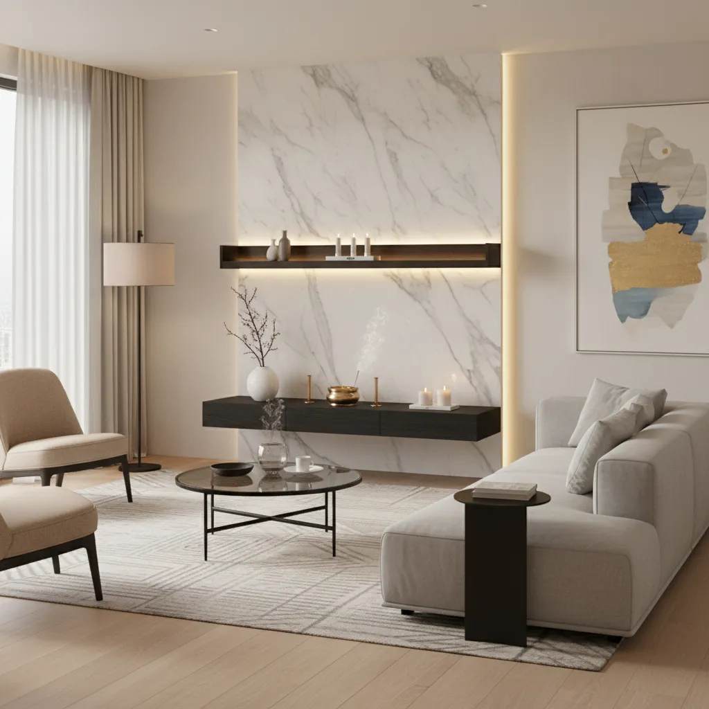 Modern living room featuring marble wall panel with backlighting large grey sofa and round table