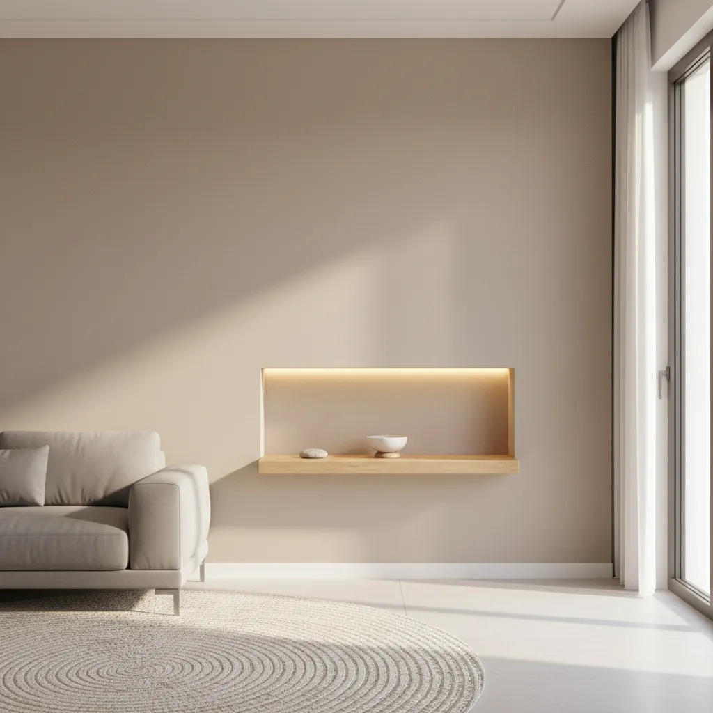 Modern living room beige wall featuring a lighted wall niche above a soft grey sofa