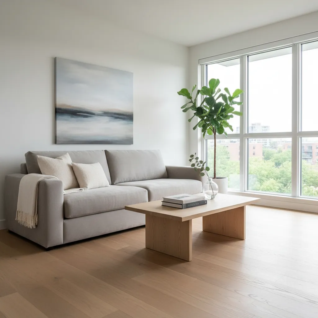 Minimalist living room with grey sofa wooden coffee table wall art green plant and windows