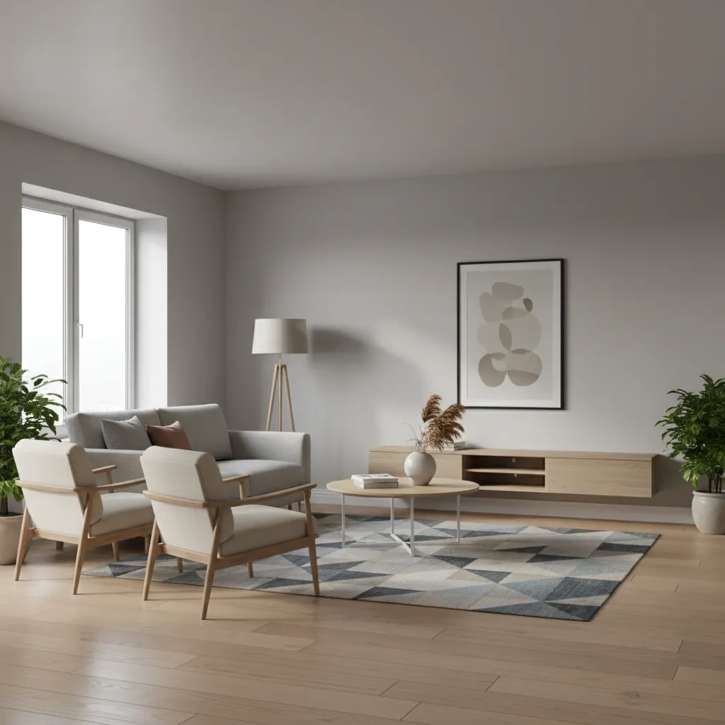 Contemporary living room with clean white baseboards and modern furniture