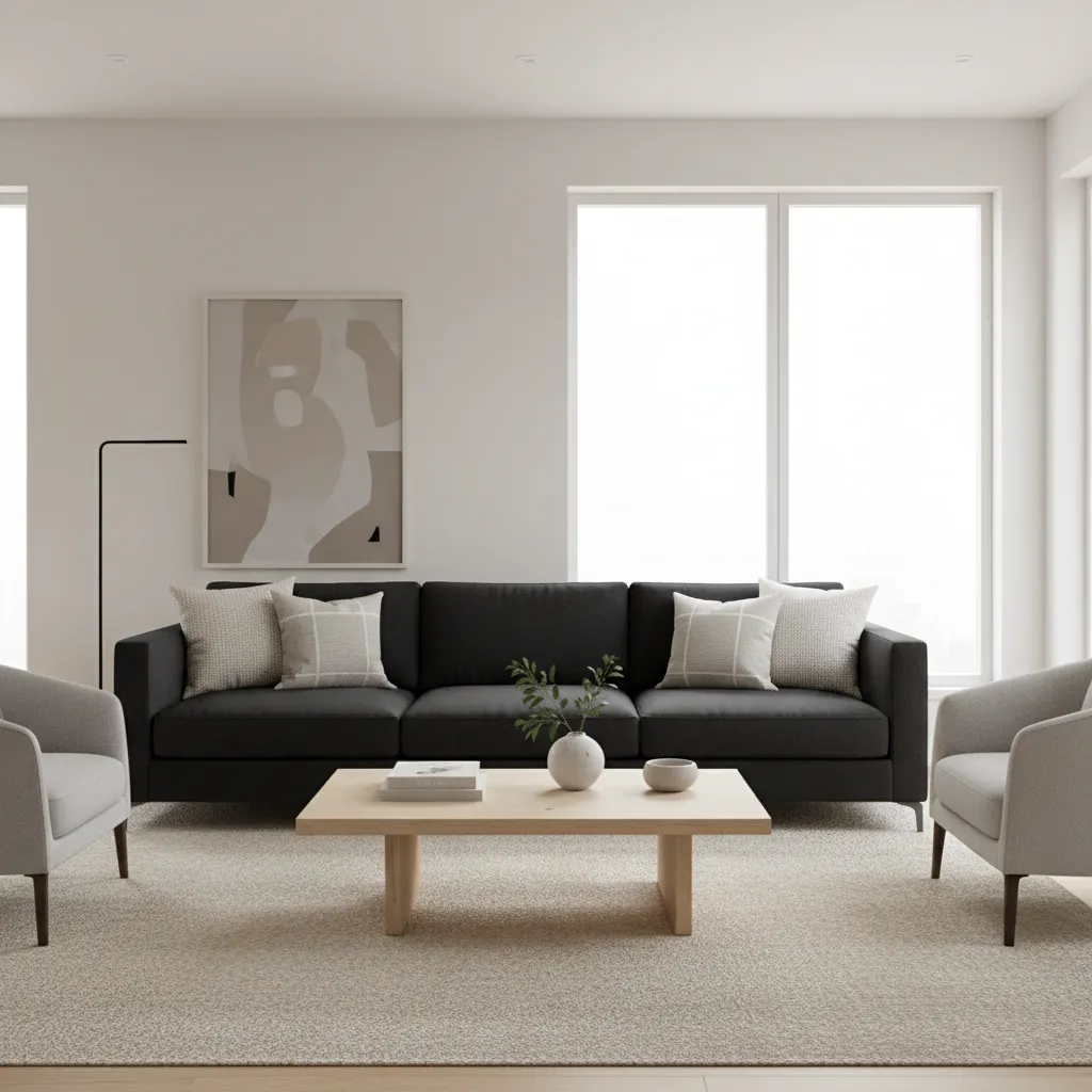 living room styled with black sofa neutral rug and light wood furniture