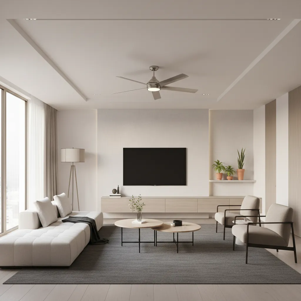 modern drawing room with ceiling fan and minimal false ceiling design