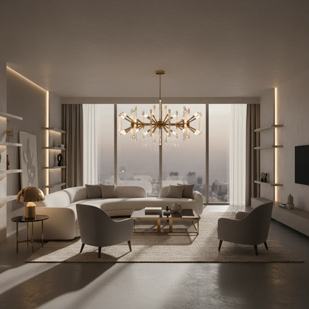 Modern living room with statement chandelier and layered lighting