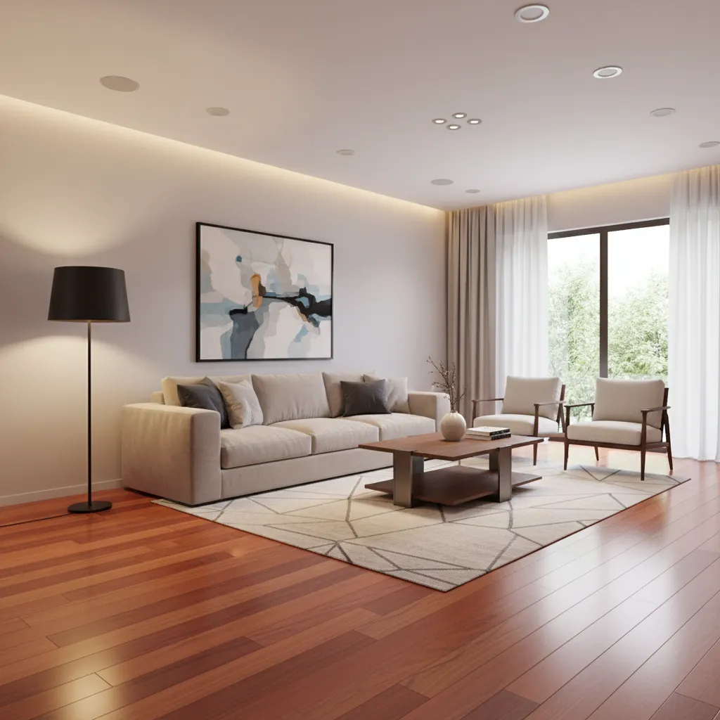 Modern living room with cherry floors and layered lighting design