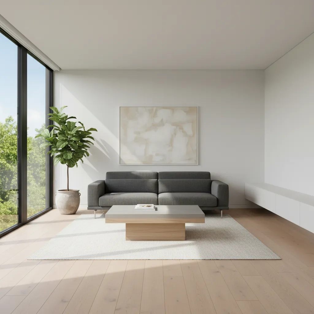Sala moderna con líneas limpias, sofá minimalista y decoración equilibrada