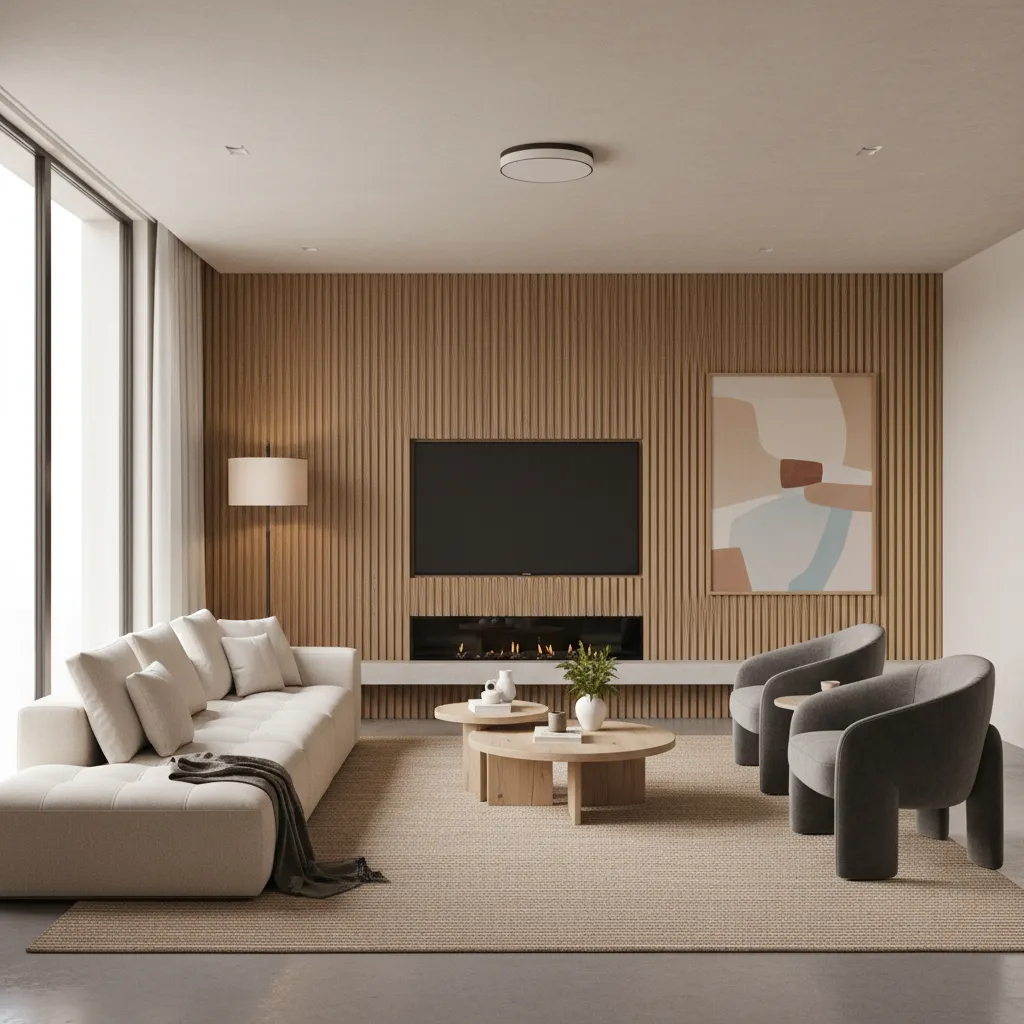 Sala moderna con paleta de colores neutros y acentos cálidos