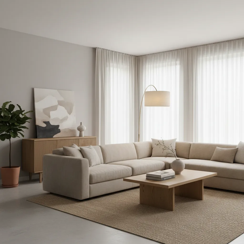 Minimalist living room with wooden cabinet green plant beige sofa floor lamp and wall painting