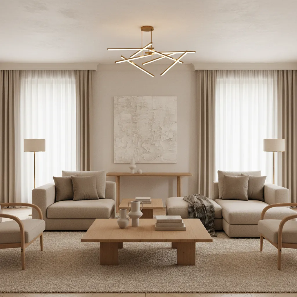 Salón moderno con paleta de colores neutros y madera natural