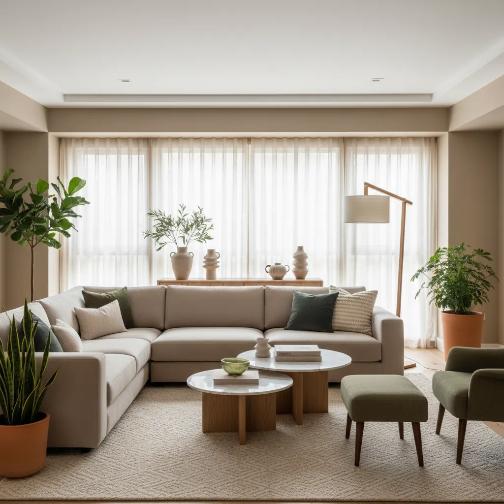 Sala moderna con paleta neutra y acentos naturales