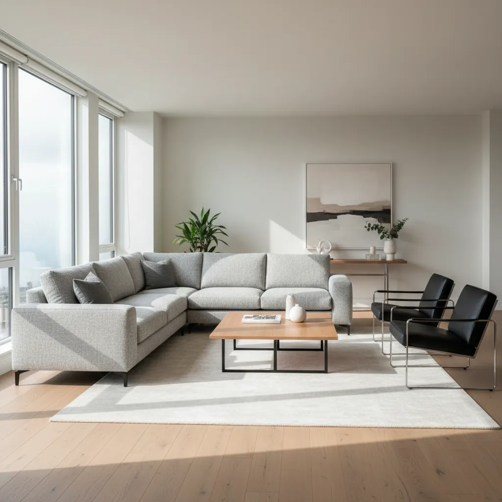 Modern living room with sectional sofa placed in the corner creating a conversation area