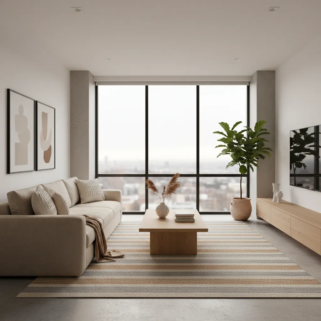 Salón moderno con sofá claro, mesa de madera y decoración minimalista