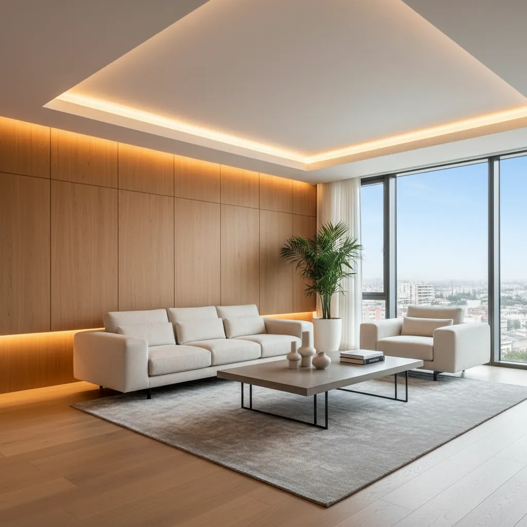 Salón moderno con sofá bajo, iluminación indirecta y diseño minimalista
