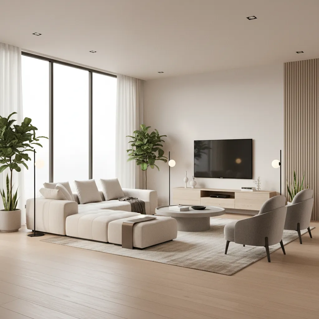 Visualización 3D de un salón moderno diseñado digitalmente