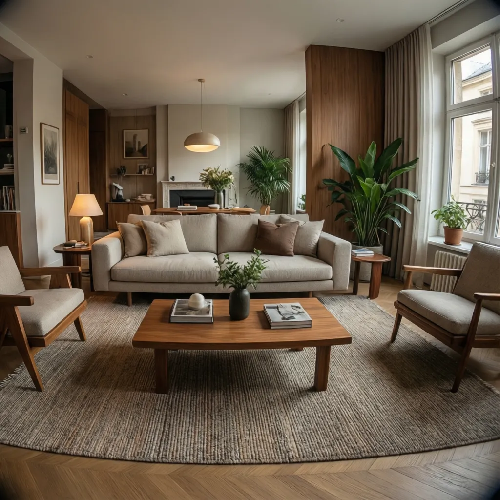 Salón moderno bien decorado con sofá, iluminación y decoración equilibrada