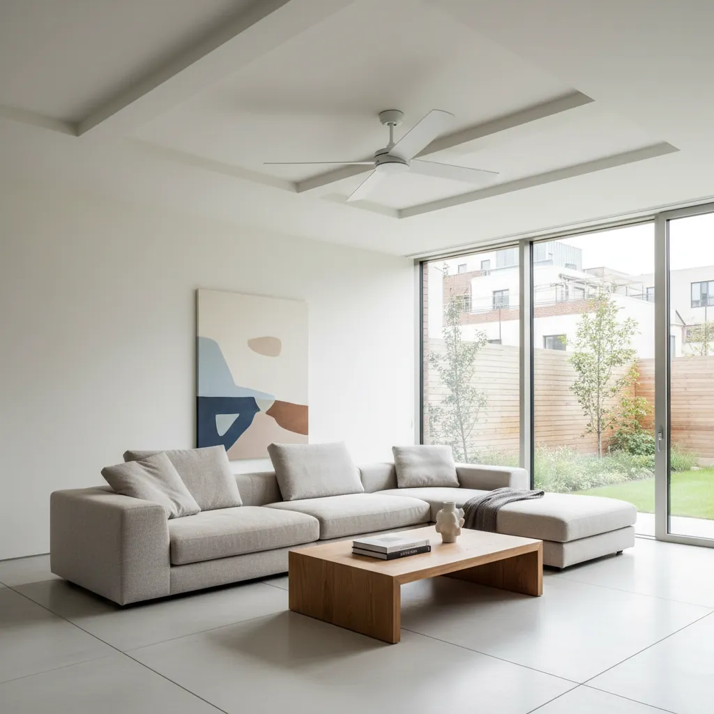 modern living room featuring a minimalist designer ceiling fan