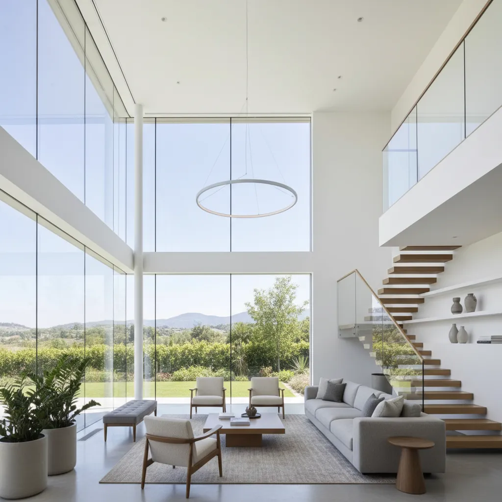 Sala moderna con doble altura y grandes ventanales en casa de dos pisos