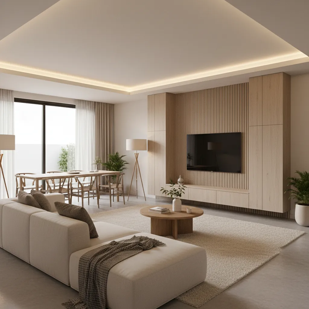Modern living room with sectional sofa and TV wall