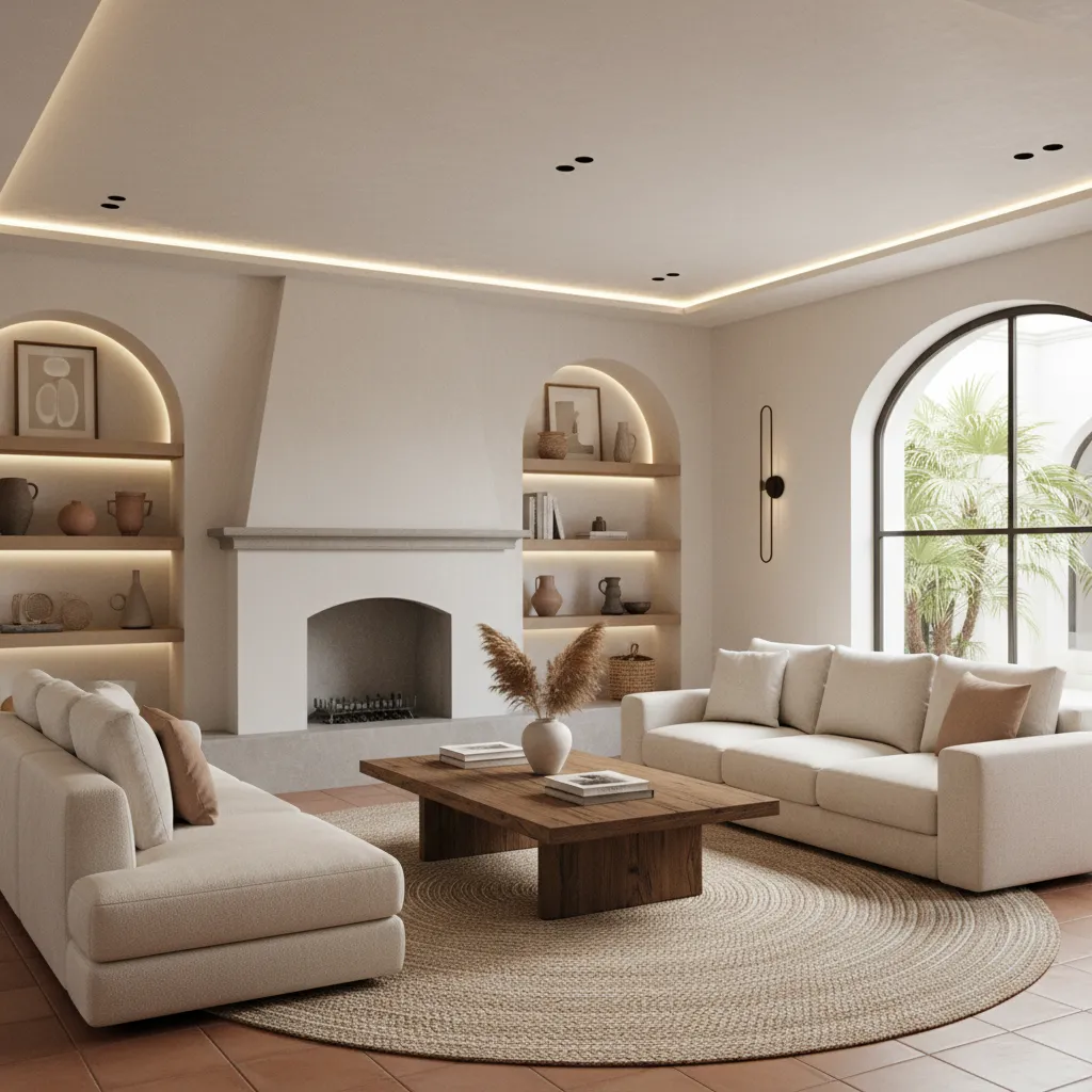 Modern living room with cream sofas, round rug, wooden coffee table, fireplace, and wall light