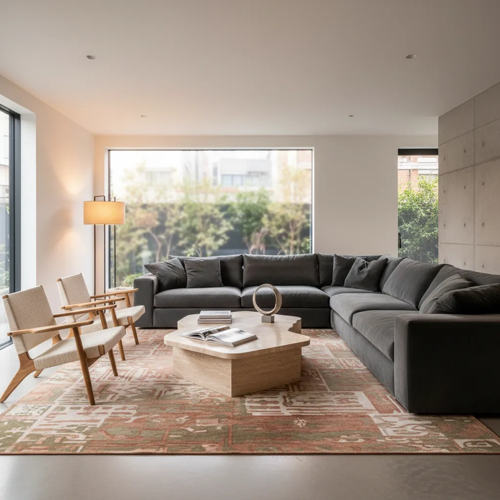 Sala moderna con sofá grande, mesa de centro y dos sillones