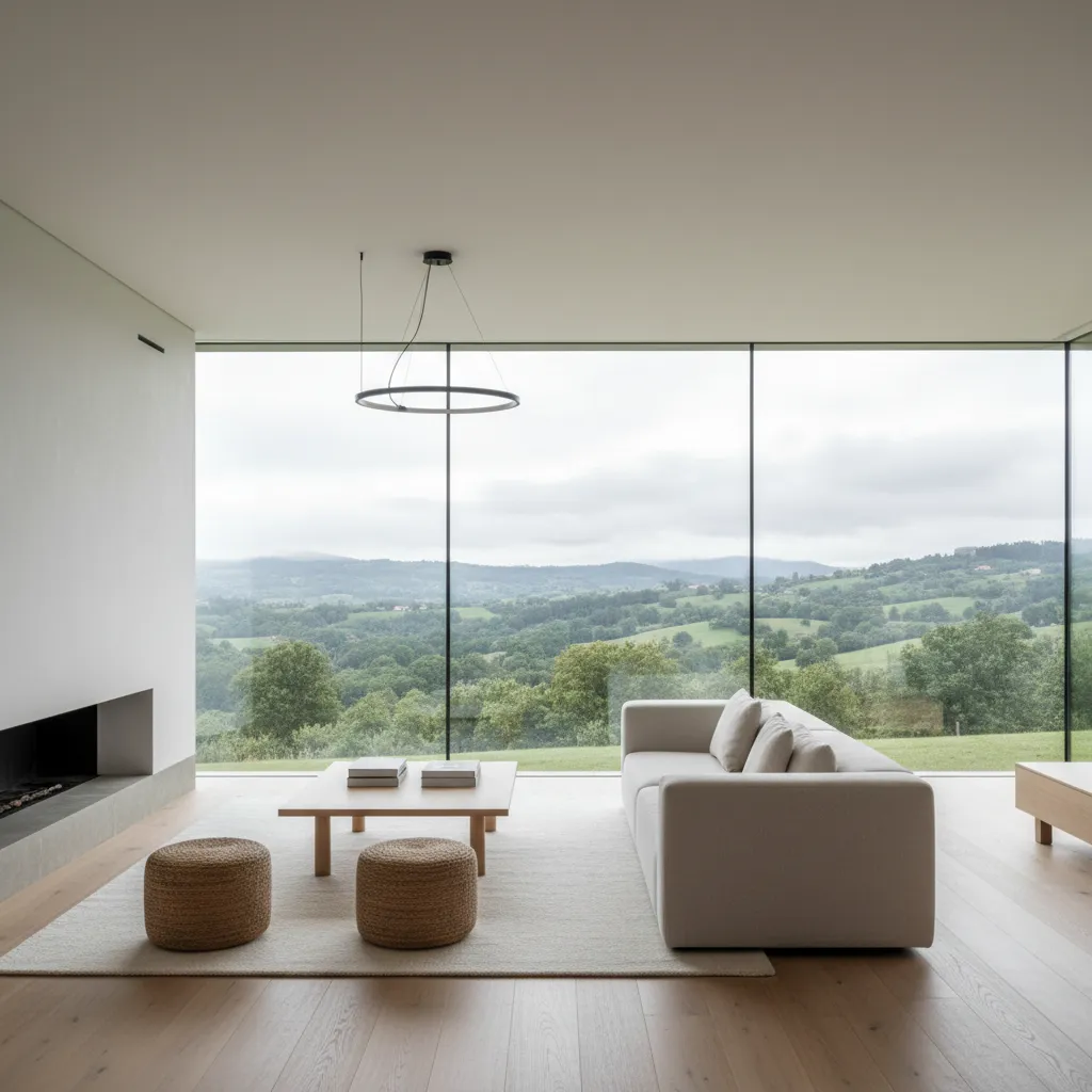 Salón moderno con grandes ventanales y vistas verdes en una casa de diseño en Galicia