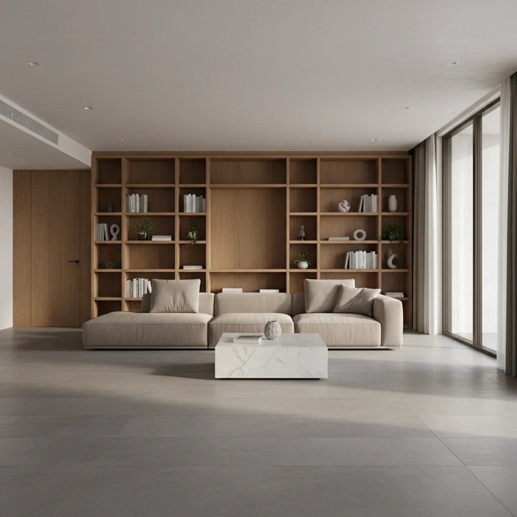 modern living room with matte grey tile flooring and neutral furniture