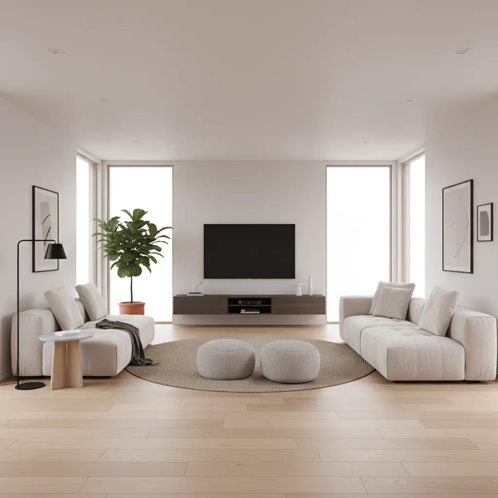 Symmetrical living room with television dark cabinet two white sofas round rug and two footrests