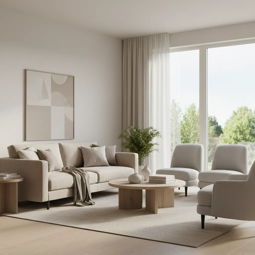 Modern living room with beige sofa, grey chairs, wooden coffee table, rug, and large window
