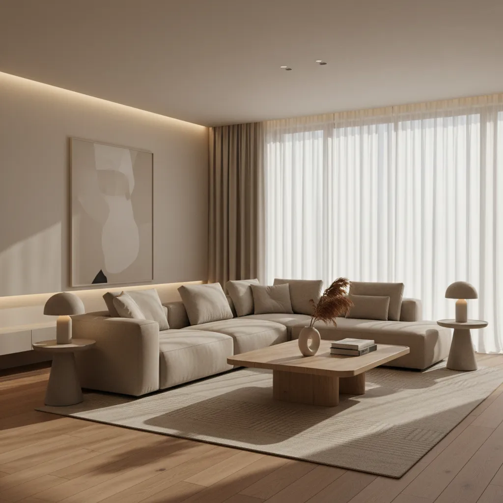 Modern beige living room with sofa wooden coffee table rug white curtains and abstract art
