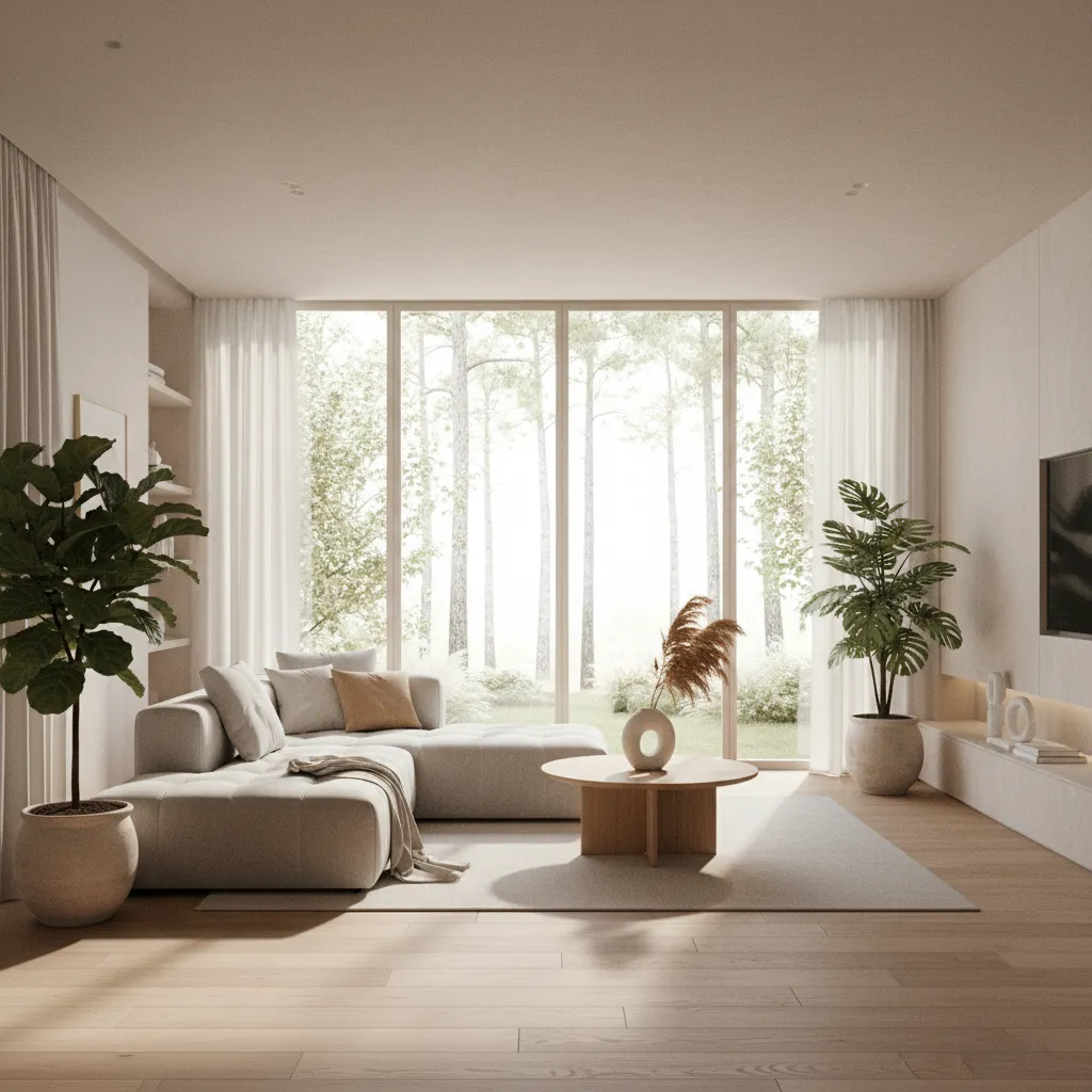 Modern living room with beige sofa wooden coffee table plants and floor to ceiling windows