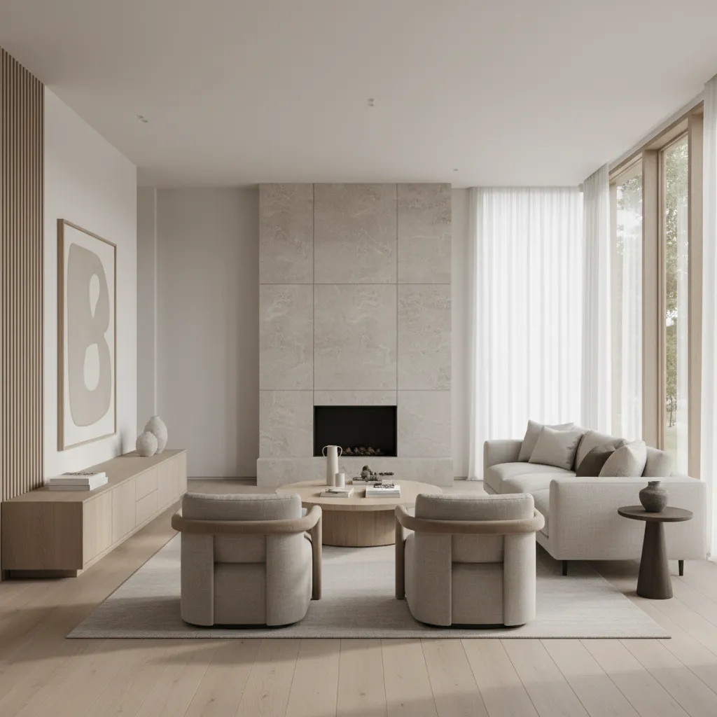 Salón moderno diseñado por interiorista con materiales naturales
