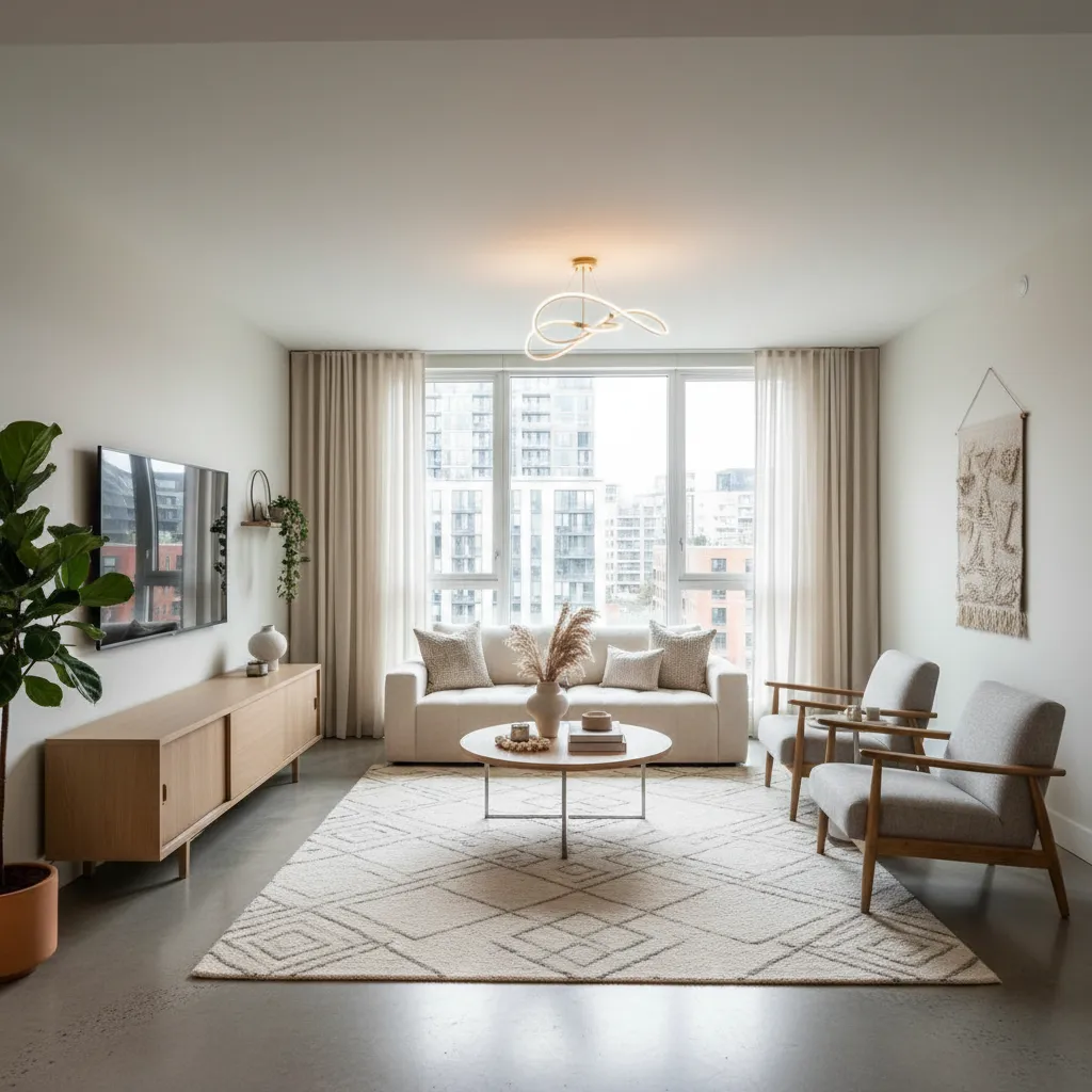 Modern living room with beige sofa grey armchairs wooden cabinet patterned rug and ceiling light