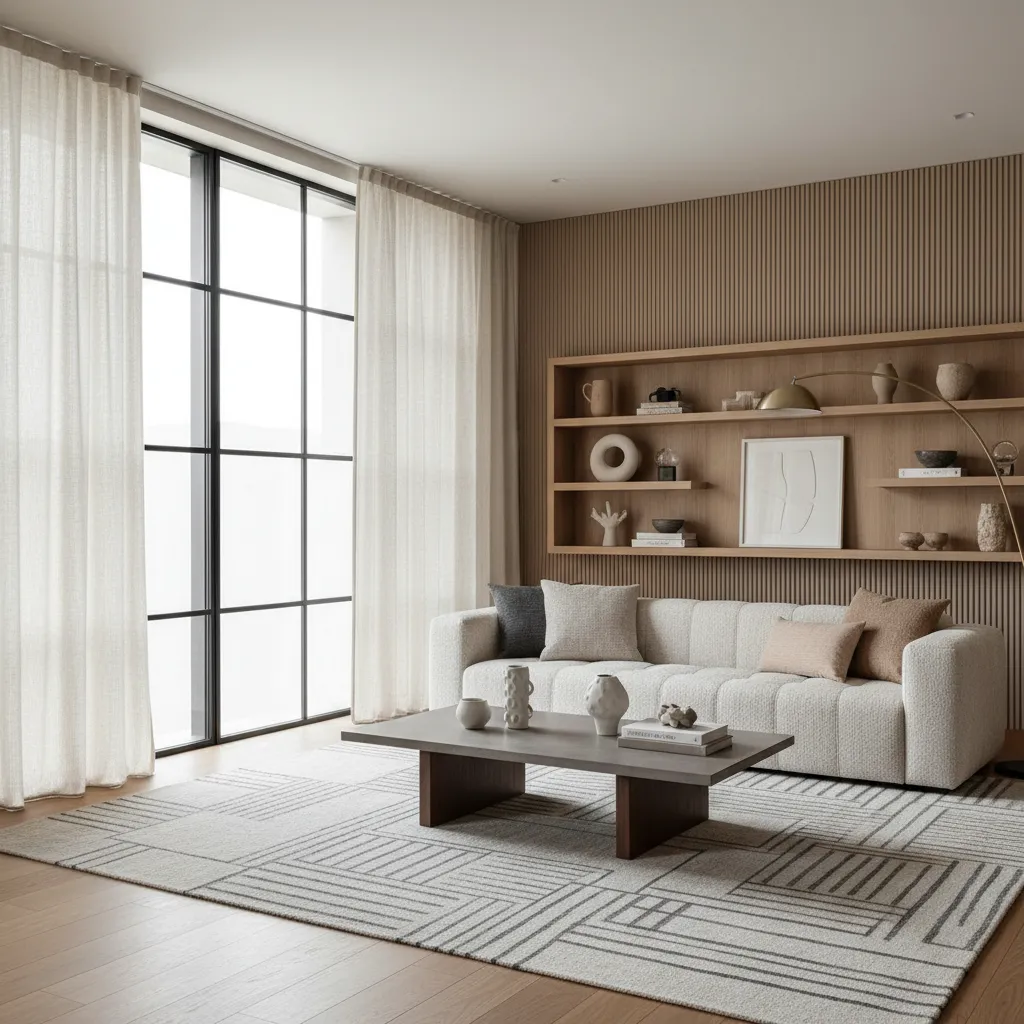Modern living room with white sofa coffee table patterned rug wooden wall panel and windows
