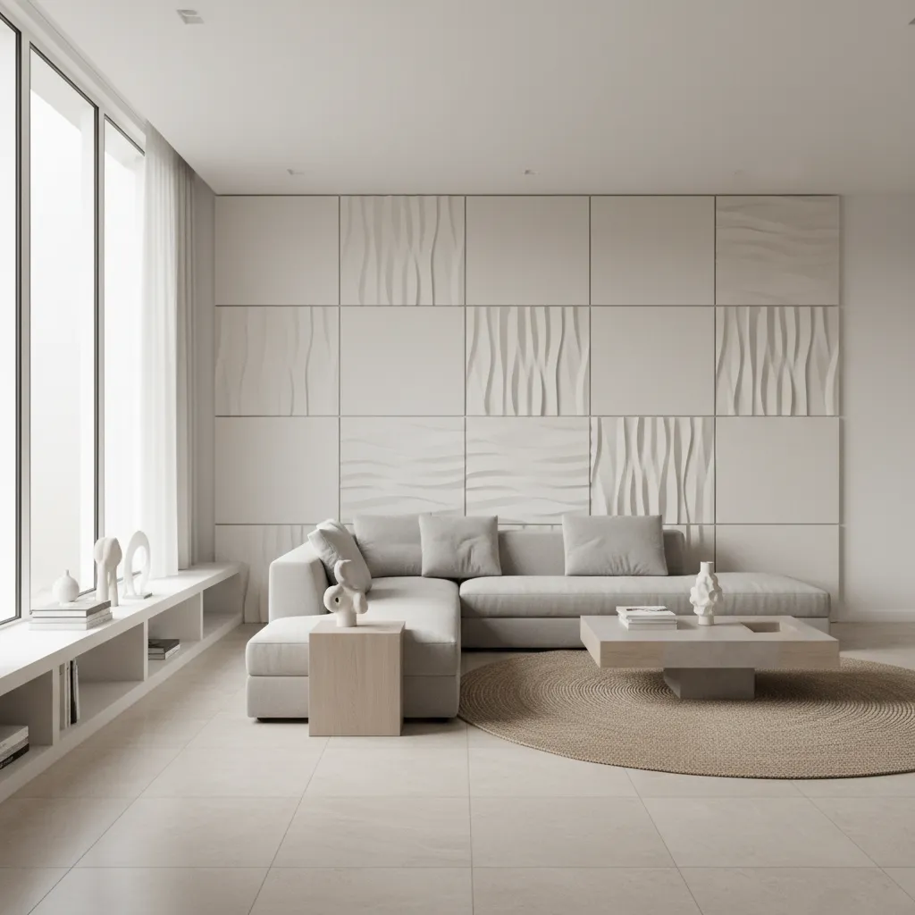 Modern living room with grey sofa, round rug, coffee table, and textured white wall panels