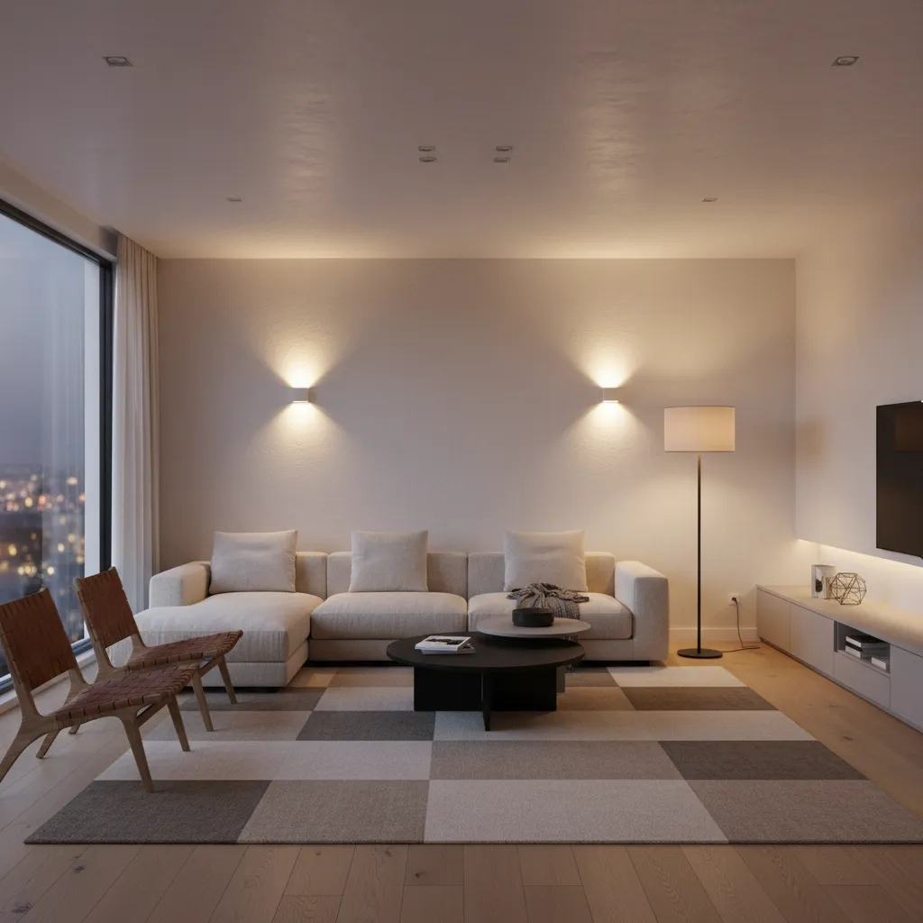 modern living room with layered lighting floor lamp wall lighting and ceiling lights