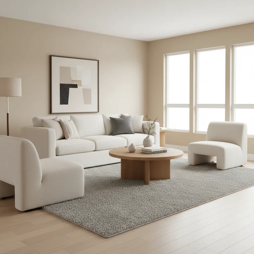 Modern living room with cream sofa, white chairs, wooden coffee table, grey rug, wall art