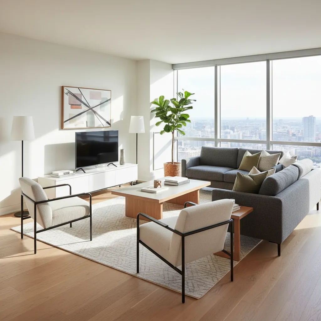 Modern living room with grey sofa, beige chairs, coffee table, white cabinet, and large windows