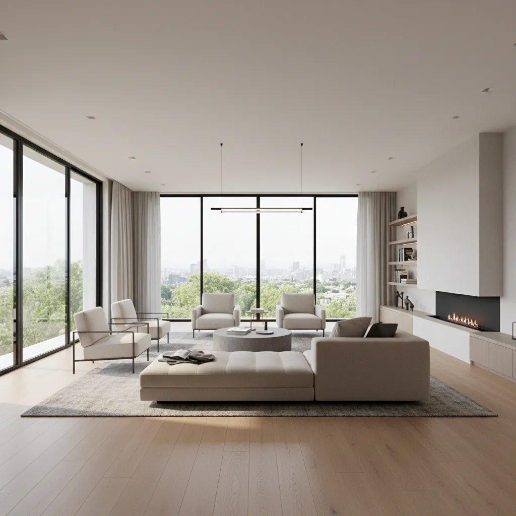 Sala de estar moderna con distribución abierta y mobiliario minimalista