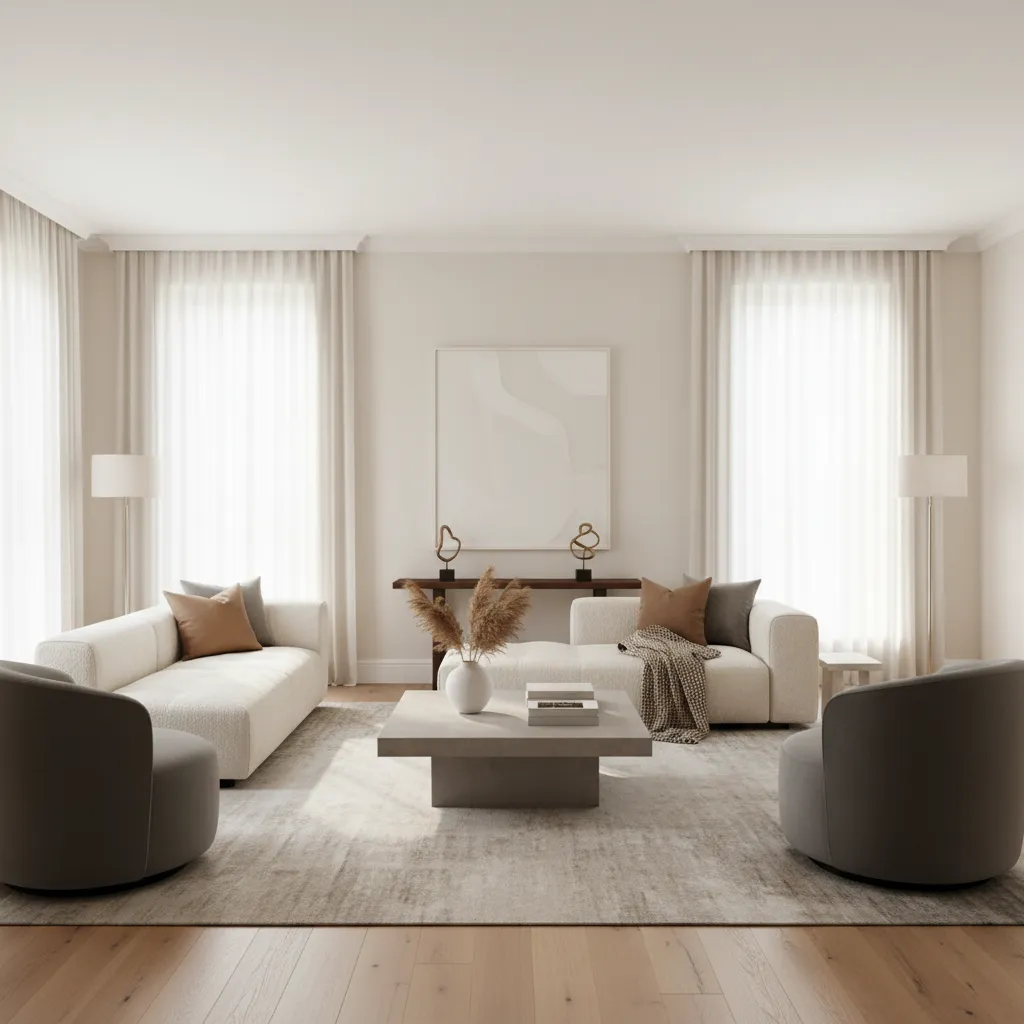 Sala moderna con distribución equilibrada y sofá central