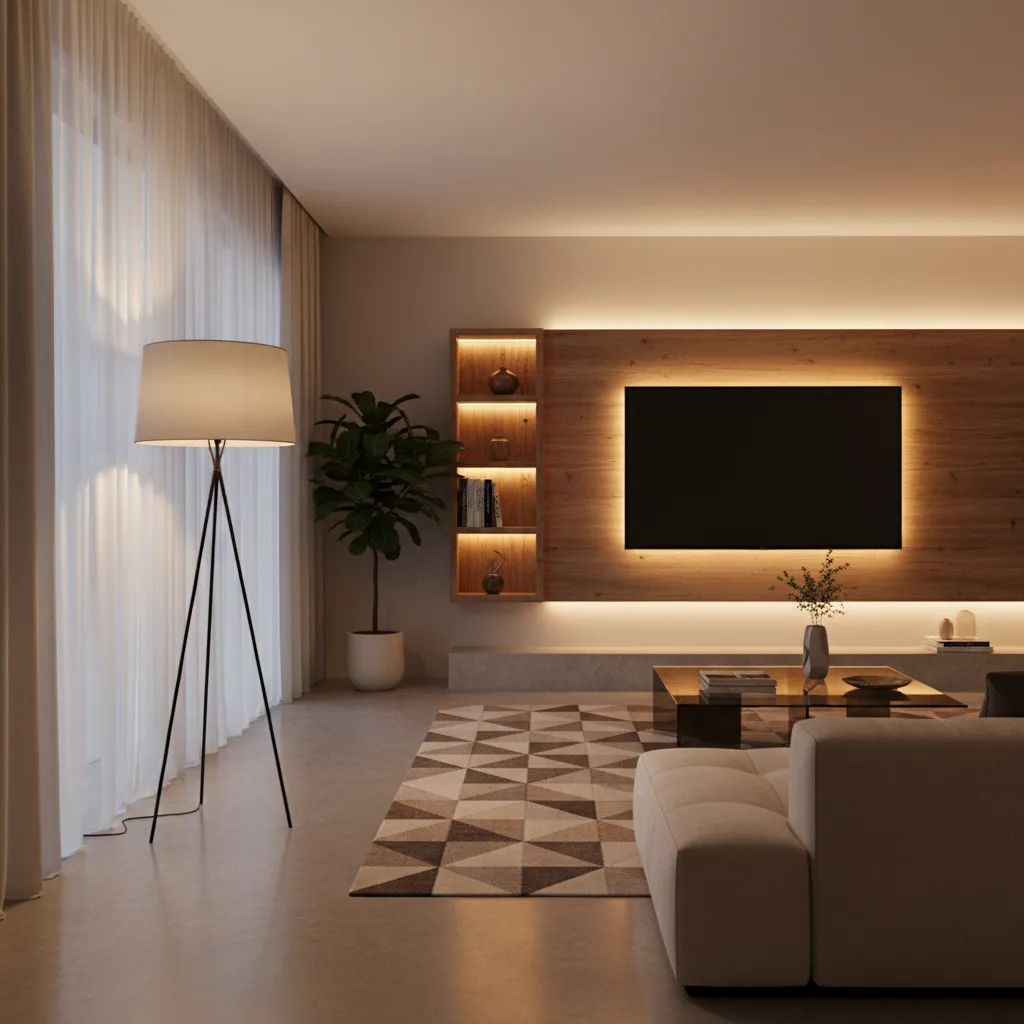 Warm living room with backlit wall panel, television, tripod floor lamp, plant, and geometric rug