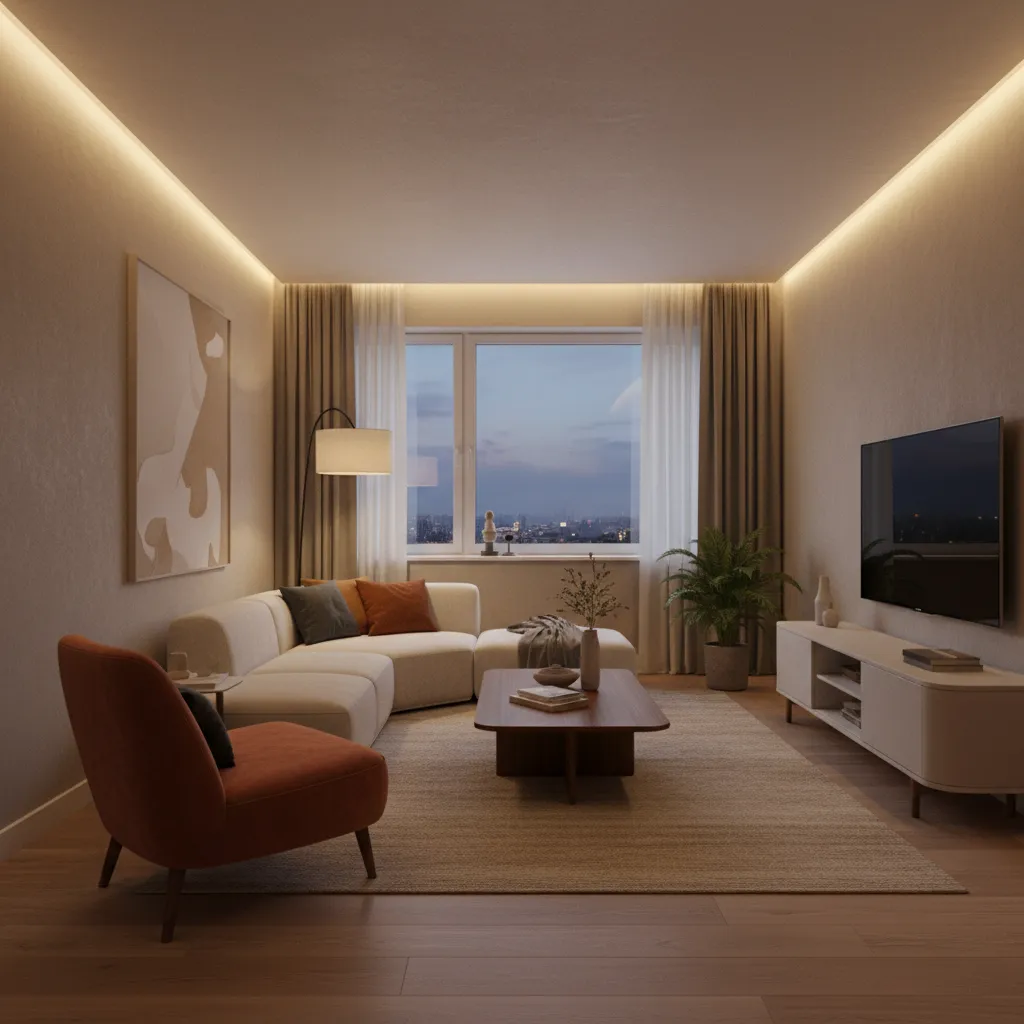 Cozy living room with warm ceiling light orange armchair white sofa television and large window