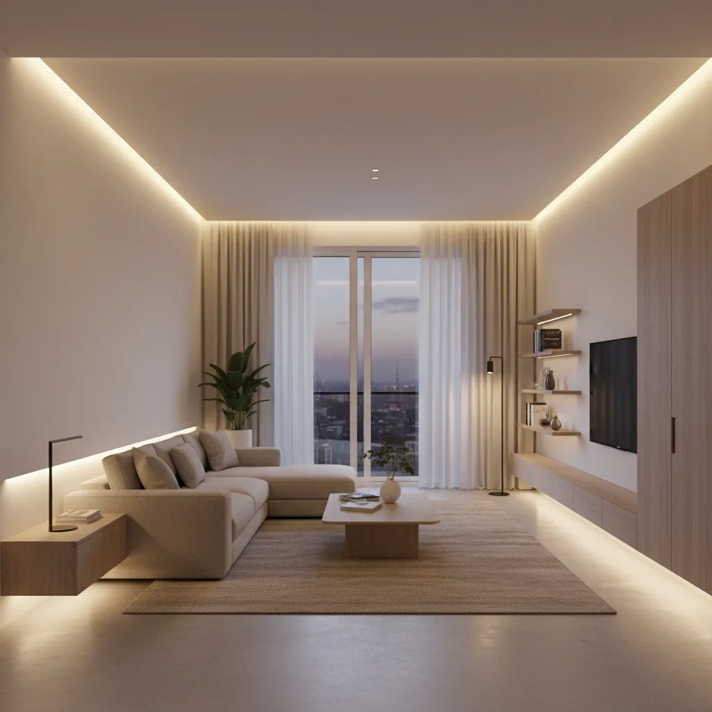 Sala moderna con iluminación indirecta y diseño minimalista